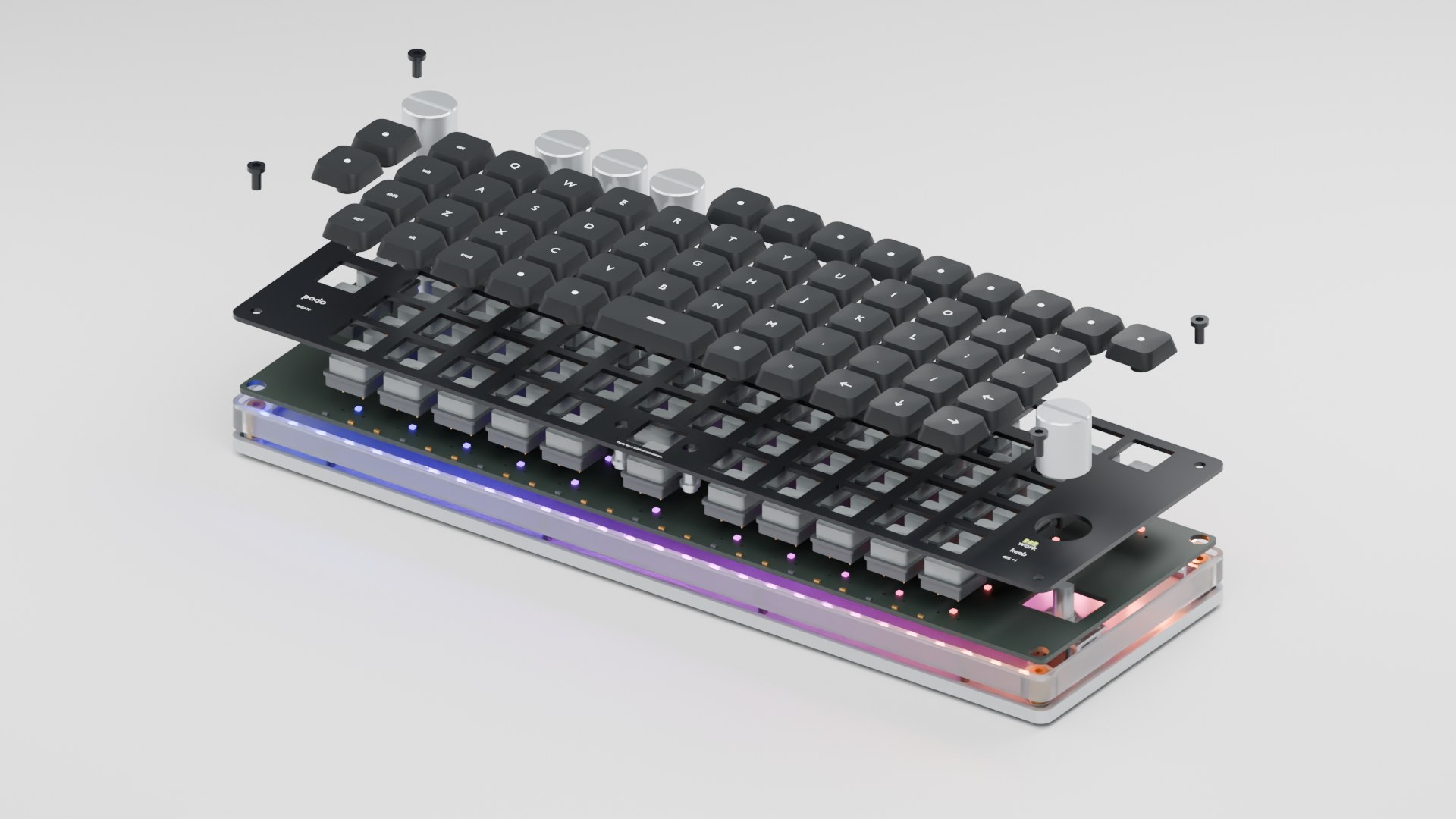 CK-001 keyboard exploded into its part families