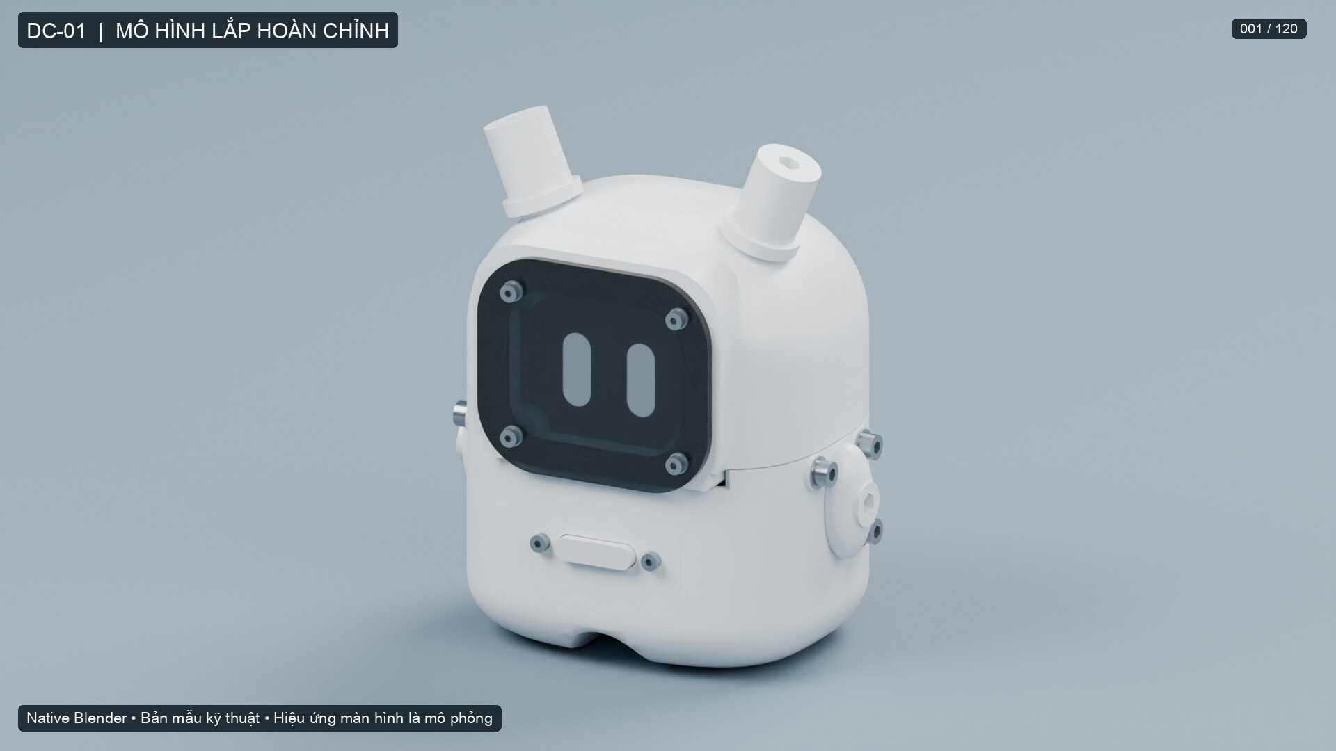 DC-01 đã lắp hoàn chỉnh, render native 1920 × 1080 trong Blender