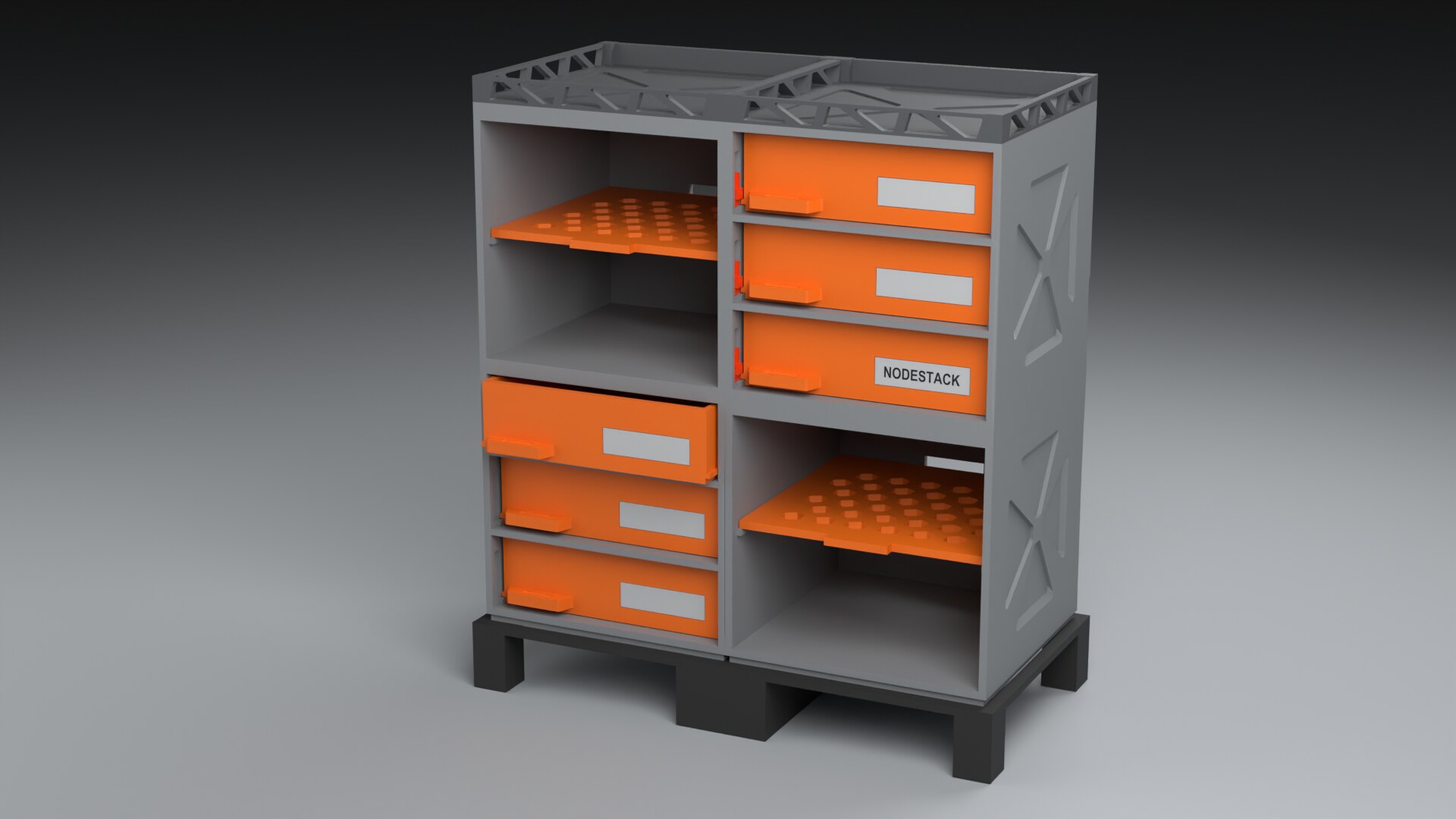Nodestack orange drawer partially open showing internal bay clearance