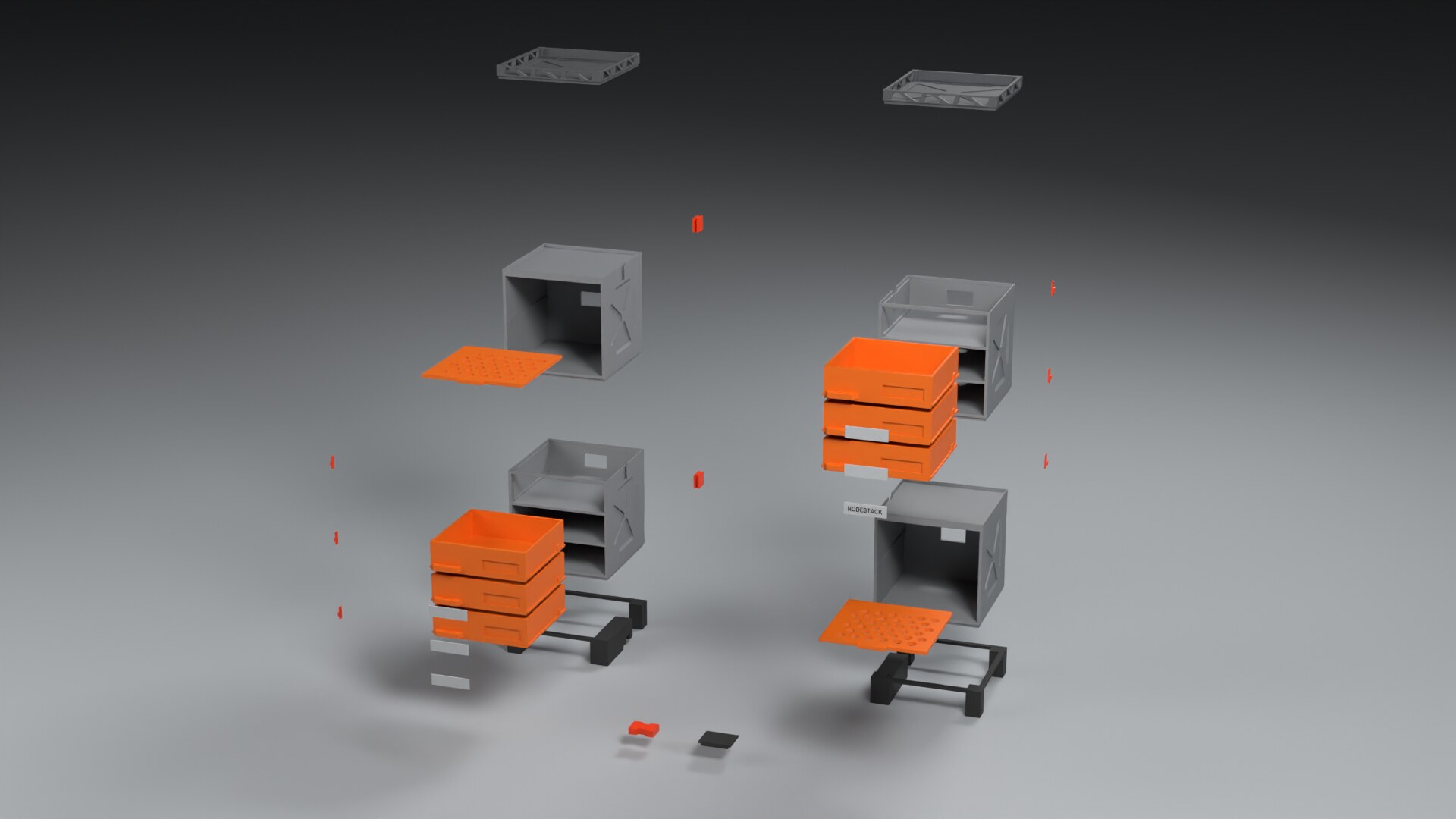 Nodestack exploded isometric view of modules and connecting pins