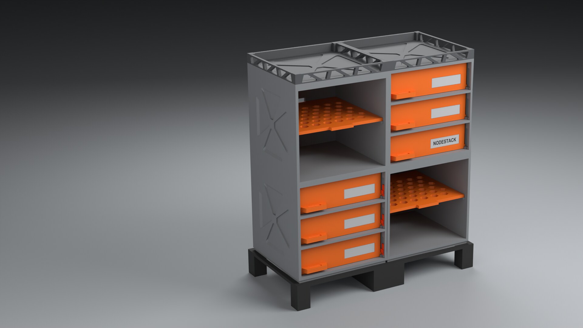 Nodestack 2×2 modular desk storage in studio render, native Blender E304