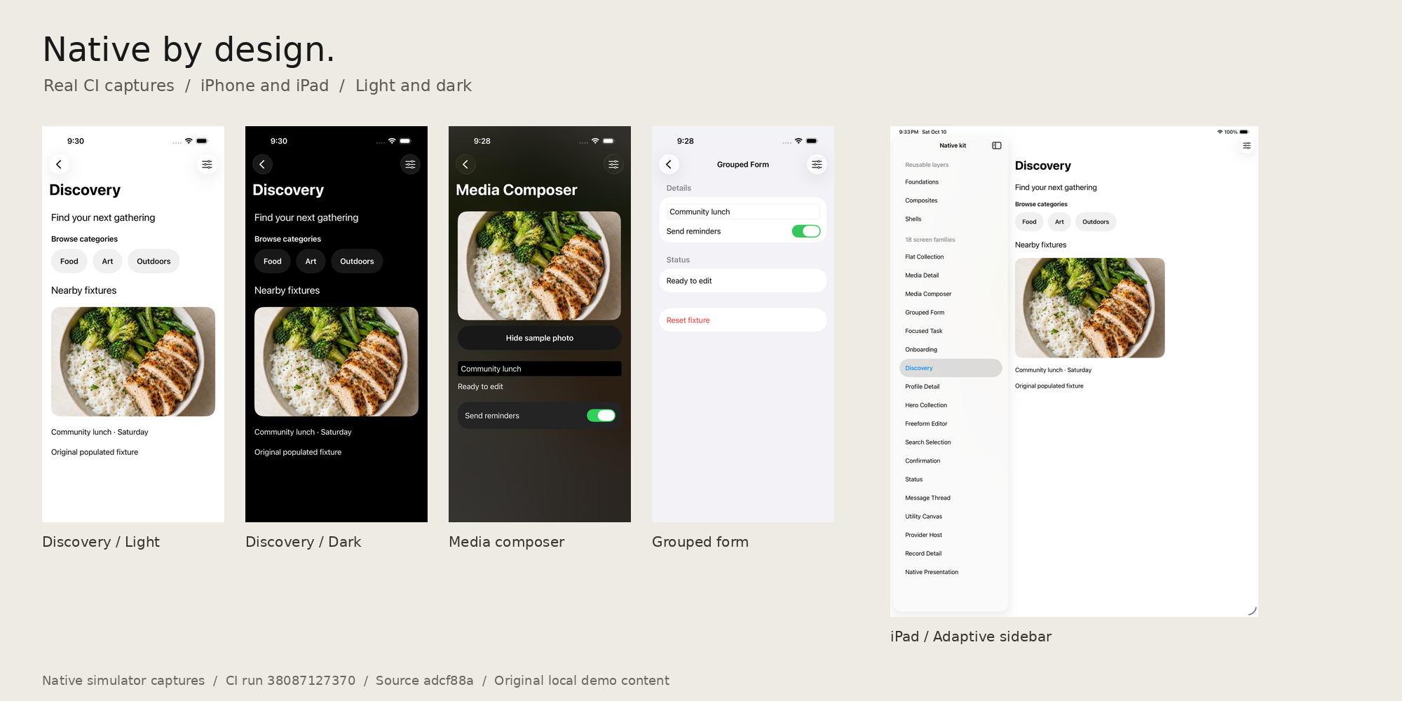 Actual native kit captures showing reusable screen compositions across Apple platforms
