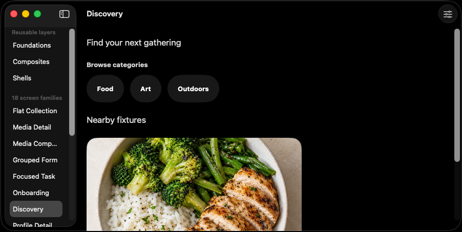 Actual native Mac discovery fixture in dark appearance