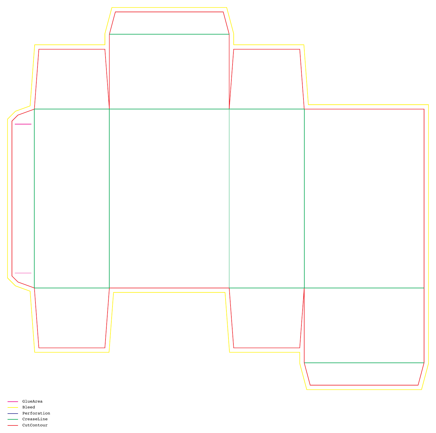 Actual tuck-box printer PDF raster, including the complete bleed envelope and five-spot legend