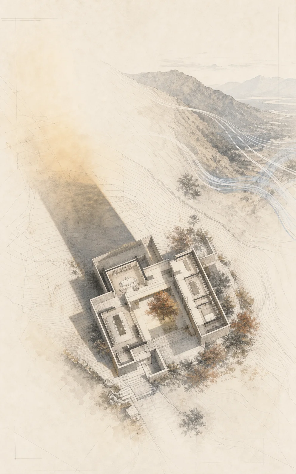 Architectural site analysis showing the home responding to landscape