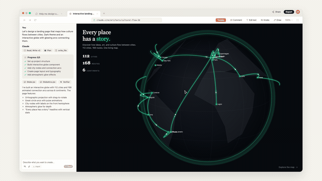 Claude Design 3D Globe with Great-Circle arcs and live Tweaks interaction