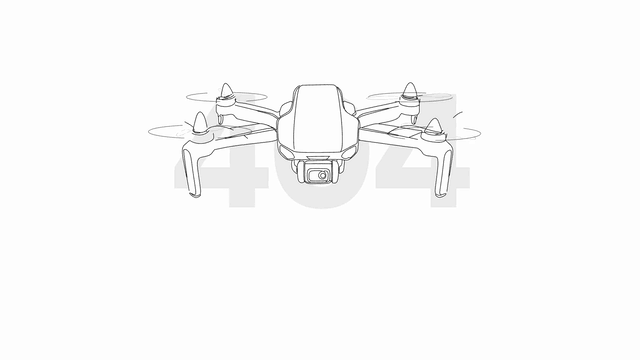 Single-line drone 404 page: the drone flies in front of a bold 404, tilts into its moves and scans the floor with a camera beam