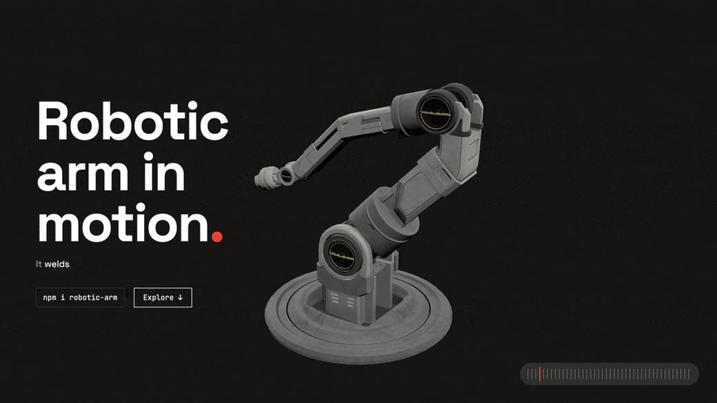 First frame of the Robotic Arm recording: anime.js-style 3D scrollytelling