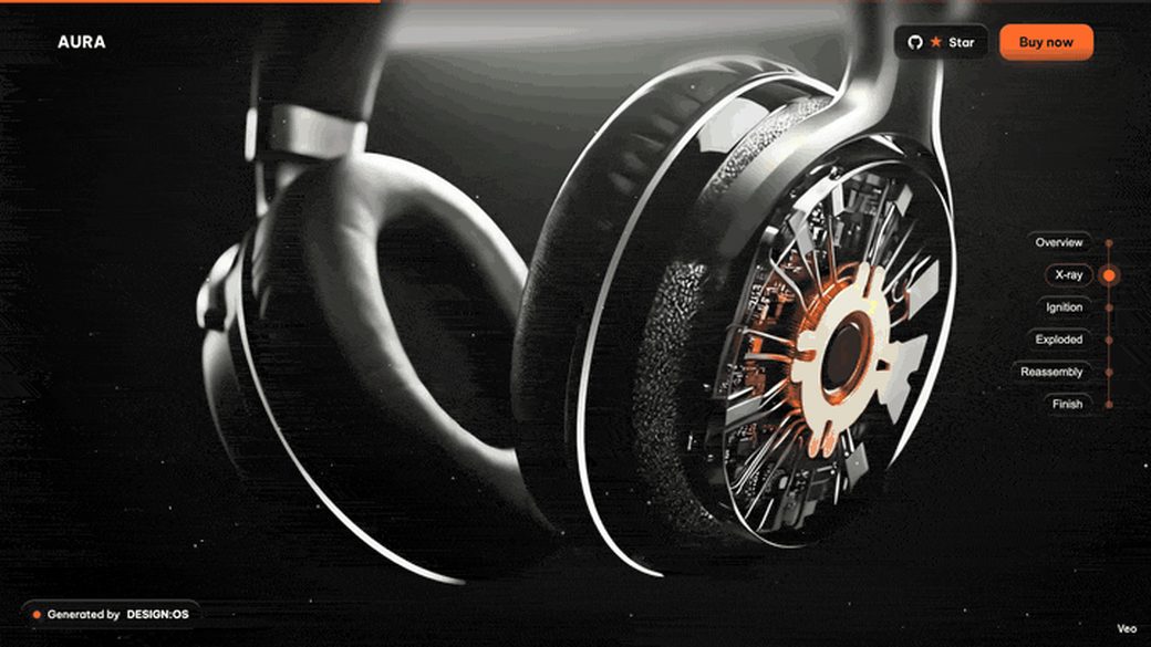 First frame of the AURA recording: cinematic scroll-film product page